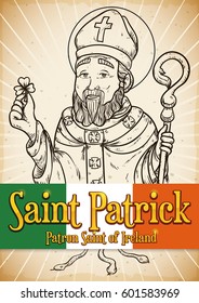 Commemorative poster in hand drawn style with Saint Patrick's image holding a trefoil explaining the Holy Trinity and expelling snakes of Ireland.