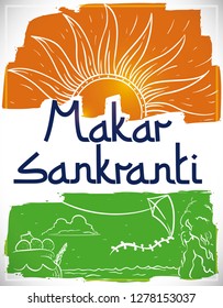 Commemorative poster like Indian flag colors promoting some Makar Sankranti traditions: sun worship, laddus desserts, decorated pots, kite flying, baths in sacred rivers -or puja- and bonfires.