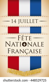 Commemorative poster with long France flag and reminder of National Independence day in 14th July.