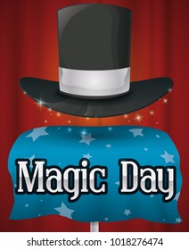 Commemorative poster for Magic Day with a performance of a magic trick in the stage: the fabulous floating magic hat over starry tablecloth.