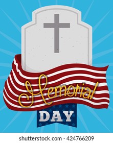 Commemorative poster for Memorial Day with tombstone and flag to remember fallen heroes.