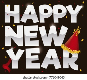 Commemorative poster for New Year with greeting silver sign, festive party hat, streamer and confetti.