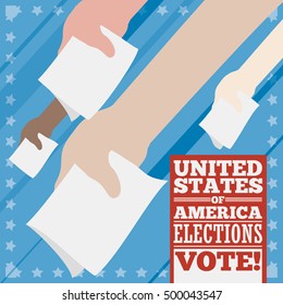 Commemorative poster with voters' hands gripping the ballot paper ready to make their vote in next American elections.