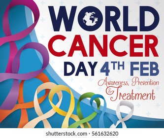 Commemorative poster for World Cancer Day with colorful ribbons symbolizing the different types of this disease and promoting awareness, prevention and treatment.