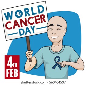 Commemorative poster for World Cancer Day with brave man in chemotherapy who is fighting this sickness holding a banner and supporting the awareness, prevention and treatment of this disease.