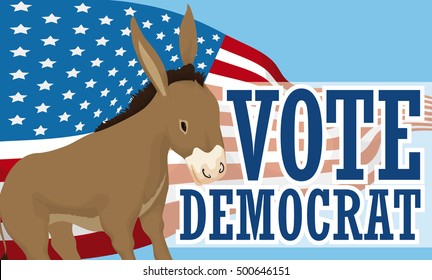 Commemorative propaganda with cute donkey promoting the Democrat vote in the next elections over a waving American flag.