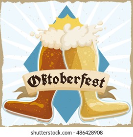 Commemorative retro poster for Oktoberfest celebration with double beer boot one with "pale lager" beer, the other with "brown ale" style ready to drinking games.