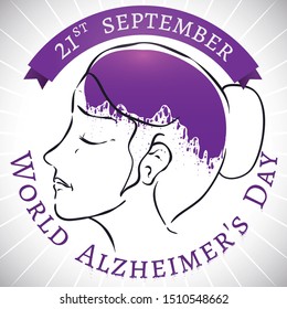 Commemorative ribbon with reminder date and senior woman suffering the symptoms of Alzheimer disease and losing its memories in the World Alzheimer's Day this 21st September.