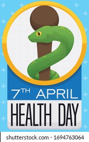 Commemorative round button with Asclepius snake and staff inside of it, sign like calendar with reminder date and cross pattern in the background to celebrate Health Day this 7th April.