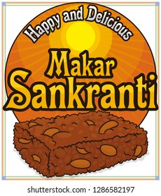 Commemorative round button with bright sun and delicious peanut chikki snack (a type of brittle Indian dessert) for Makar Sankranti festival.