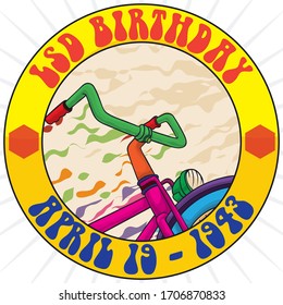 Gedenkrunde Taste mit buntem Design und altes Fahrrad im Inneren, bereit zum Gedenken an den LSD Geburtstag oder Entdeckung, Veranstaltung auch "Fahrradtag" genannt im 19. April 1943.