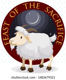 Commemorative round button with crescent moon inside of it and cute goat ready to celebrate Islamic Eid al-Adha or Feast of the Sacrifice.