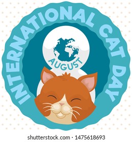 Commemorative round button, smiling cat face, globe and date to celebrate International Cat Day this 8th August, over white background and spotted pattern.