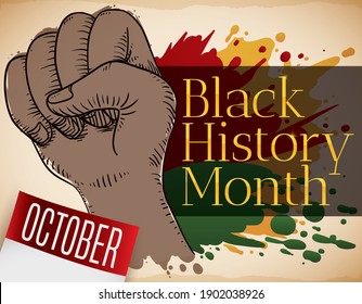 Commemorative scroll, brunette fist drawing, splatters with African colors and calendar promoting Black History Month on October.