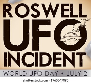 
Commemorative Scroll With Crashed Flying Saucer And Scattered Metallic Pieces Reminding At You The Roswell Incident In The World UFO Day In July 2.