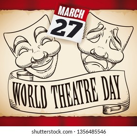 Commemorative scroll with tragedy and comedy masks in hand drawn design, over red curtains and calendar with the date to celebrate World Theatre Day: 27th March.