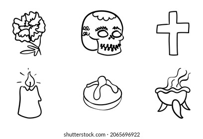 Commemorative set with doodles for Mexican 'Dia de Muertos' (Day of the Dead): marigold or cempasuchil flower, sugar skull, cross, candle, 'pan de muerto' bread and copal's censer.