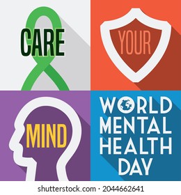 Commemorative set in flat style and long shadow, promoting care your mind during World Mental Health Day celebration: green ribbon, shield and side view head.