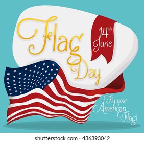 Commemorative sign with golden text and ribbon with date to celebrate American Flag Day.