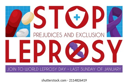 Commemorative sign with pills, capsule, purple ribbon, shield with cross and letter 'O' banning Leprae bacteria, during World Leprosy Day on January.