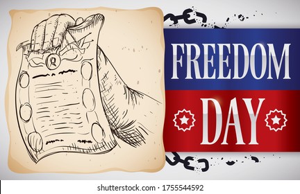 
Commemorative sign promoting Freedom Day celebration with Juneteenth flag, broken chains and scroll with drawing, showing an arm holding the Emancipation Proclamation.