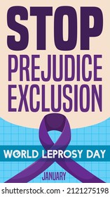 Commemorative Sign With Purple Ribbon Over Blue Squared Background Like Medical Exam, Promoting Efforts To Stop Prejudice And Exclusion During World Leprosy Day.