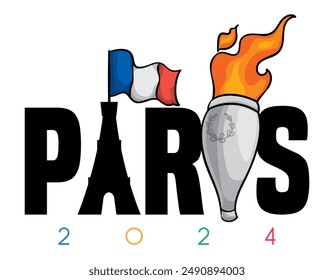 Commemorative sign with silhouetteof the Eiffel Tower, waving French flag and lit torch for Paris Summer Games 2024. Cartoon style design.