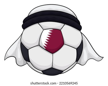 Commemorative soccer ball with Qatar flag wearing a traditional keffiyeh in cartoon style over white background.