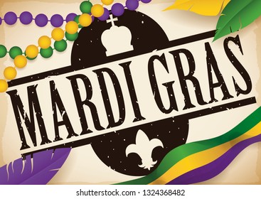 Commemorative stamp with crown and lily flower symbols and traditional elements to celebrate Mardi Gras: traditional string beads, commemorative flag and colorful feathers.