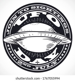 Commemorative stamp for UFO Day with glowing flying saucer in hand draw style inviting you to join to sightings this 2nd July.
