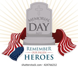 Commemorative tombstone with USA flag and greeting message remembering fallen heroes in Memorial Day.