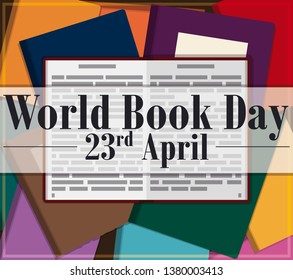 Commemorative top view design to celebrate World Book Day with many of them and a open textbook, event for this 23rd April.