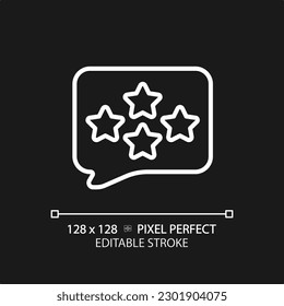 Comentar con un icono lineal blanco perfecto para el píxel para el tema oscuro. Escribiendo comentarios sobre el servicio al cliente. Clasificación de negocio. Ilustración de línea delgada. Símbolo aislado para el modo nocturno. Trazo editable