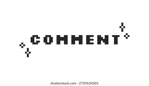 Comentario Pixel negro arte social media palabra de Botón. Compartir tu jerga de pensamientos. Comentarios, opinión. Comunicación virtual. Texto de videojuego de 16 bits. Tipografía nostálgica de internet. Fuente de serigrafía utilizada