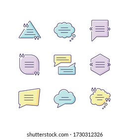 Comment box yellow, blue and violet RGB color icons set. Blank speech clouds different shapes. Triangle and square chat bubbles. Empty textbox. Isolated vector illustrations
