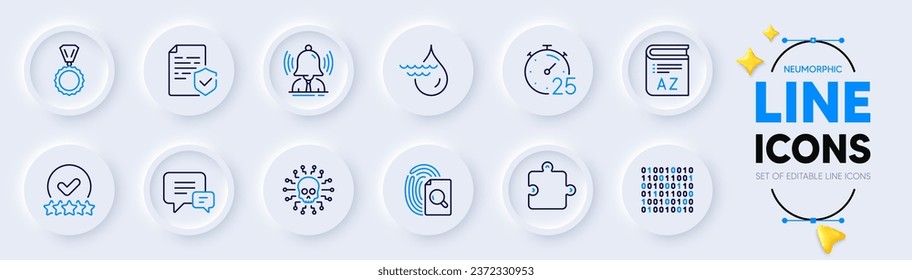 Comment, Certificate and Cyber attack line icons for web app. Pack of Puzzle, Medal, Inspect pictogram icons. Rating stars, Hydroelectricity, Binary code signs. Brand, Vocabulary, Timer. Vector