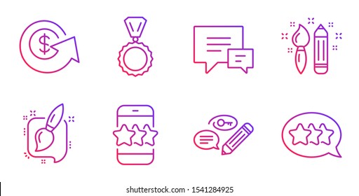 Comment, Dollar exchange and Keywords line icons set. Painting brush, Creativity and Medal signs. Star, Stars symbols. Talk bubbles, Money refund. Business set. Gradient comment icon. Vector