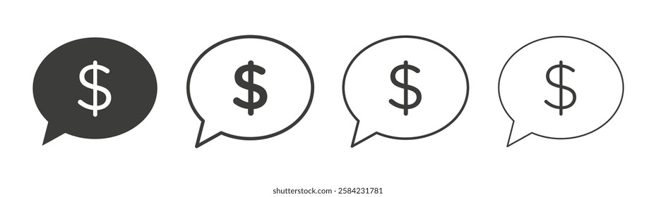 Comment dollar icons set. Liner outlined and flat black color