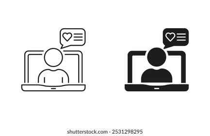 Comment, Feedback, Message Sign. Online Chat Line and Silhouette Icon Set. Laptop With Man And Speech Bubble Pictogram. Dialog Symbol. Editable Stroke. Isolated Vector Illustration.