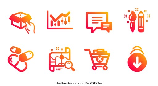 Comment, Financial diagram and Hold box line icons set. Search map, Creativity and Remove purchase signs. Capsule pill, Scroll down symbols. Talk bubbles, Candlestick chart. Business set. Vector