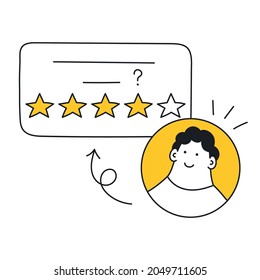 Comment with five stars and the head of the happy customer. Evaluation, rating, customer feedback. Thin line vector illustration on white background.