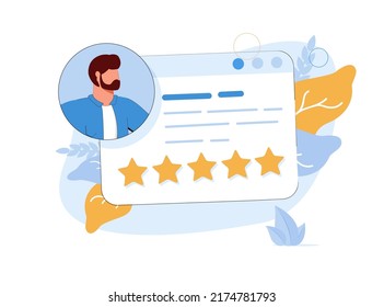 Comment with five stars and the head of the happy customer. Evaluation, rating, customer feedback. Thin line vector illustration on white background. Customer reviews concept, Stars rating and review