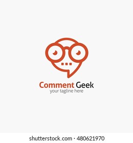 Comment Geek Logo Design Template With Face In Glasses. Vector Illustration.