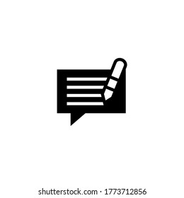 Comment icon in black flat glyph, filled style isolated on white background