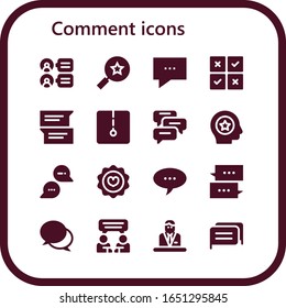 comment icon set. 16 filled comment icons.  Simple modern icons such as: Comments, Favorites, Chat, Feedback, Favorite, Commentator