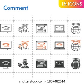 comment icon set. included student-laptop, student, school, student (1), student-desktop, login icons on white background. linear, bicolor, filled styles.