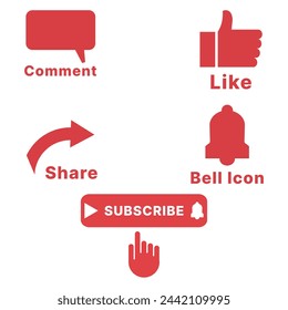 
Comentario como compartir icono de campana y botón de suscripción con clic en vector de mano establecido para video de redes sociales o creador de contenido 