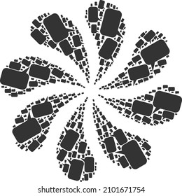 Comentar la composición de los fuegos artificiales de la turbina de rotación de iconos. Giro de rotación creado mediante iconos de mensajes de comentarios aleatorios.