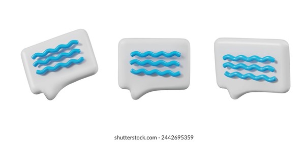 Comentario, mensaje con ondas azules de líneas escritas. Vector objeto 3D, vista desde diferentes ángulos