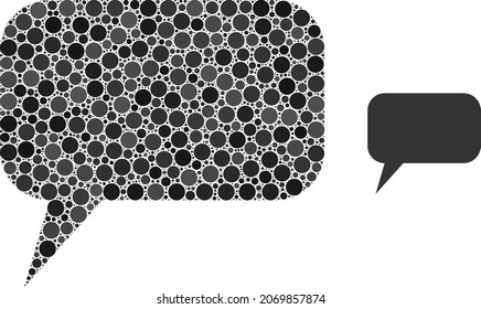 Comment message vector collage of circle dots in variable sizes and color hues. Circle dots are combined into comment message vector mosaic. Abstract vector design concept.